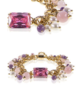 Tessin Gliederarmband mit 24K Gold, echten Perlen, Rosenquarz & Amethyst