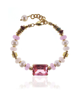 Tessin Armband mit Pinkem Glasstein, Perlen & Turmalin – 24K/18K vergoldet