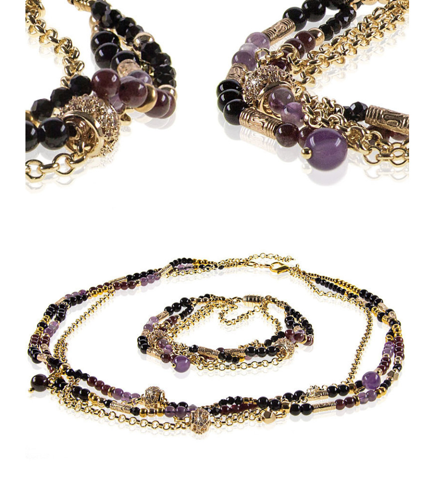 Améthyste Collier aus Améthyst, Granat, Onyx, 14K Kette