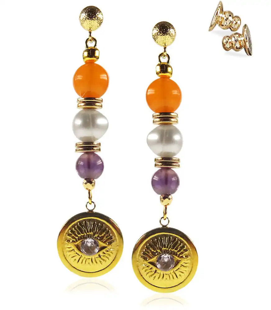 Anthea 24K Ohrhänger mit Perlen, Chalcedony, Amethyst Anthea 24K Ohrhänger mit Perlen, Chalcedony, Amethyst