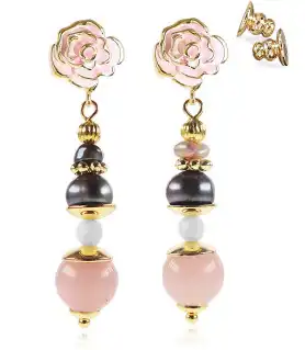 Rose dorée 18K Ohrhänger mit Süßwasserperlen, Rosenquarz, Onyx – Ohrringe – Ansicht 1