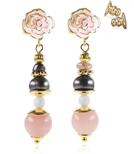 Rose dorée 18K Ohrhänger mit Süßwasserperlen, Rosenquarz, Onyx – Ohrringe – Ansicht 1