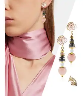 Rose dorée 18K Ohrhänger mit Süßwasserperlen, Rosenquarz, Onyx