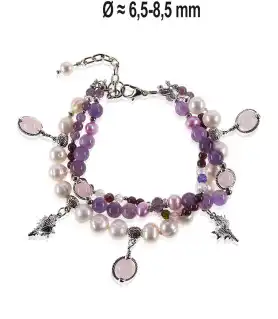 Beau 3-reih. Armband mit Süßwasserperlen, Granat, Amethyst, Rosenquarz – Armbänder – Ansicht 3