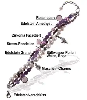 Beau 3-reih. Armband mit Süßwasserperlen, Granat, Amethyst, Rosenquarz – Armbänder – Ansicht 4
