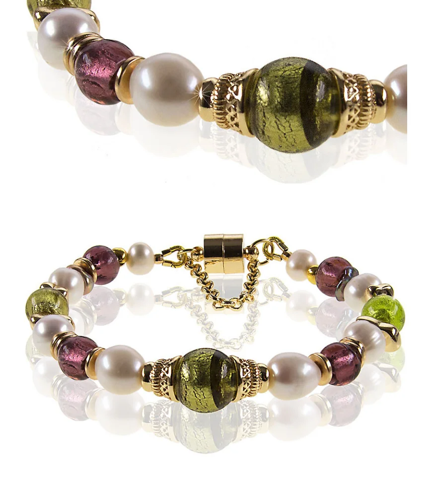 Couronne Armband mit Süßwasserperlen, Muranoglas, 24K Gold