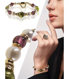 Couronne Armband mit Süßwasserperlen, Muranoglas, 24K Gold
