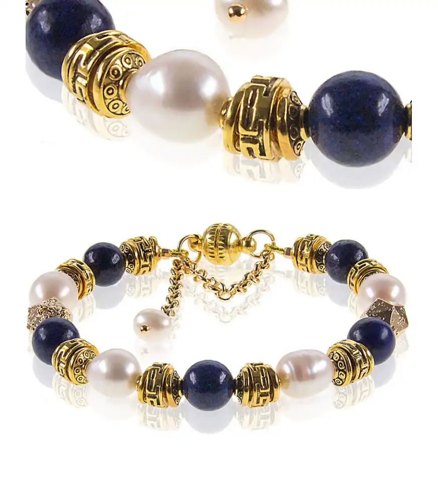 Noble Armband mit Lapislazuli, Süßwasserperlen, Retro Rondellen Noble Armband mit Lapislazuli, Süßwasserperlen, Retro Rondellen