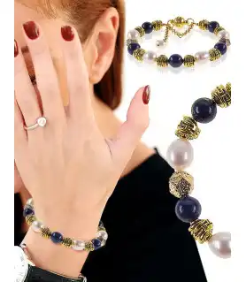 Noble Armband mit Lapislazuli, Süßwasserperlen, Retro Rondellen