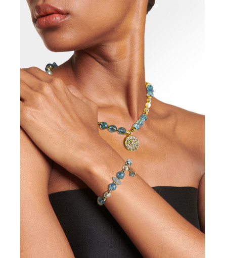 Ibiza Blautopas Süßwasserperlen Armband, 24K Vergoldung