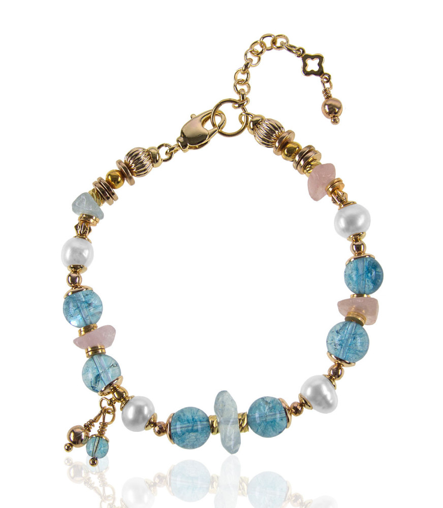 Ibiza Blautopas Süßwasserperlen Armband, 24K Vergoldung Ibiza Blautopas Süßwasserperlen Armband, 24K Vergoldung