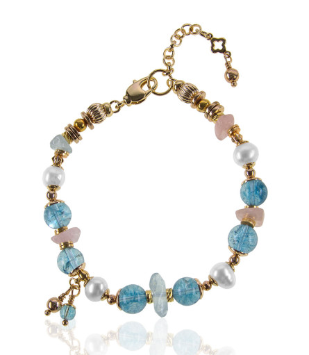 Ibiza Blautopas Süßwasserperlen Armband, 24K Vergoldung – Armbänder – Ansicht 1