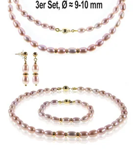 Trio 3-tlg.Set Perlenkette, Perlenarmband, Perlenohrringe,9-10mm,Fliederfarbe – Schmucksets – Ansicht 1