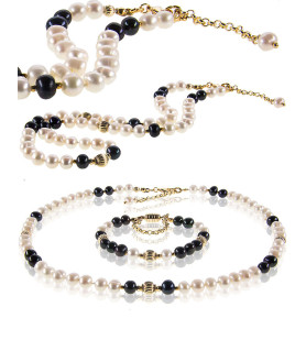 Élégance 2-tlg.Set Perlenkette & Perlenarmband, Weiß-Schwarz – Schmucksets – Ansicht 4