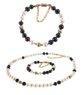 Élégance 2-tlg.Set Perlenkette & Perlenarmband, Weiß-Schwarz – Schmucksets – Ansicht 5