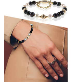Élégance 2-tlg.Set Perlenkette & Perlenarmband, Weiß-Schwarz – Schmucksets – Ansicht 3