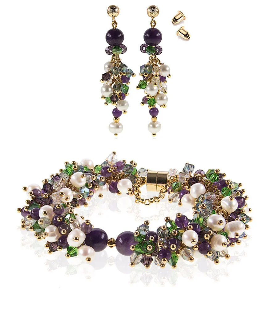 Azureus 2-tlg.Luxus Set, Perlenarmband & Ohrhänger, Amethyst, Glaskristallen, 14K Gold Azureus 2-tlg.Luxus Set, Perlenarmband & Ohrhänger, Amethyst, Glaskristallen, 14K Gold