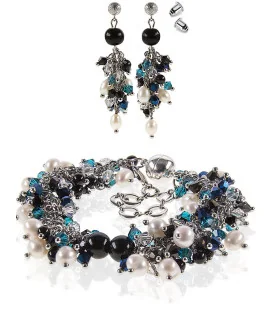 Onyx Noir 2-tlg. Luxus Set, Perlen Armband & Ohrhänger, Glaskristallen, Edelstahl – Schmucksets – Ansicht 1