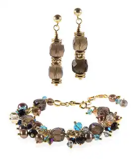 Force de vie 2-tlg.Set, Rauchquarz Ohrhänger & Armband mit Süßwasserperlen – Schmucksets – Ansicht 1