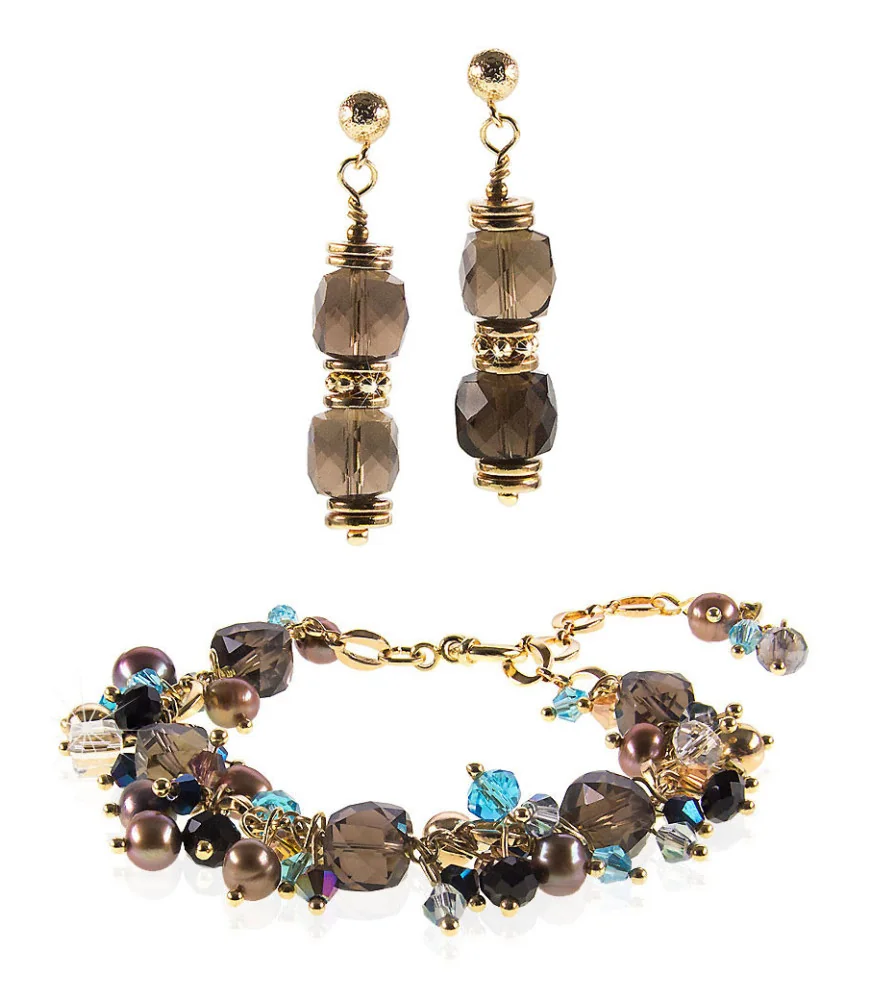 Force de vie 2-tlg.Set, Rauchquarz Ohrhänger & Armband mit Süßwasserperlen Force de vie 2-tlg.Set, Rauchquarz Ohrhänger & Armband mit Süßwasserperlen