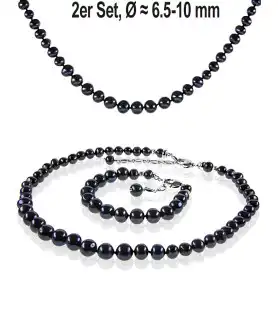Classique 2-tlg.Set, Perlenkette & Perlenarmband, 6-10mm, Schwarz – Schmucksets – Ansicht 1