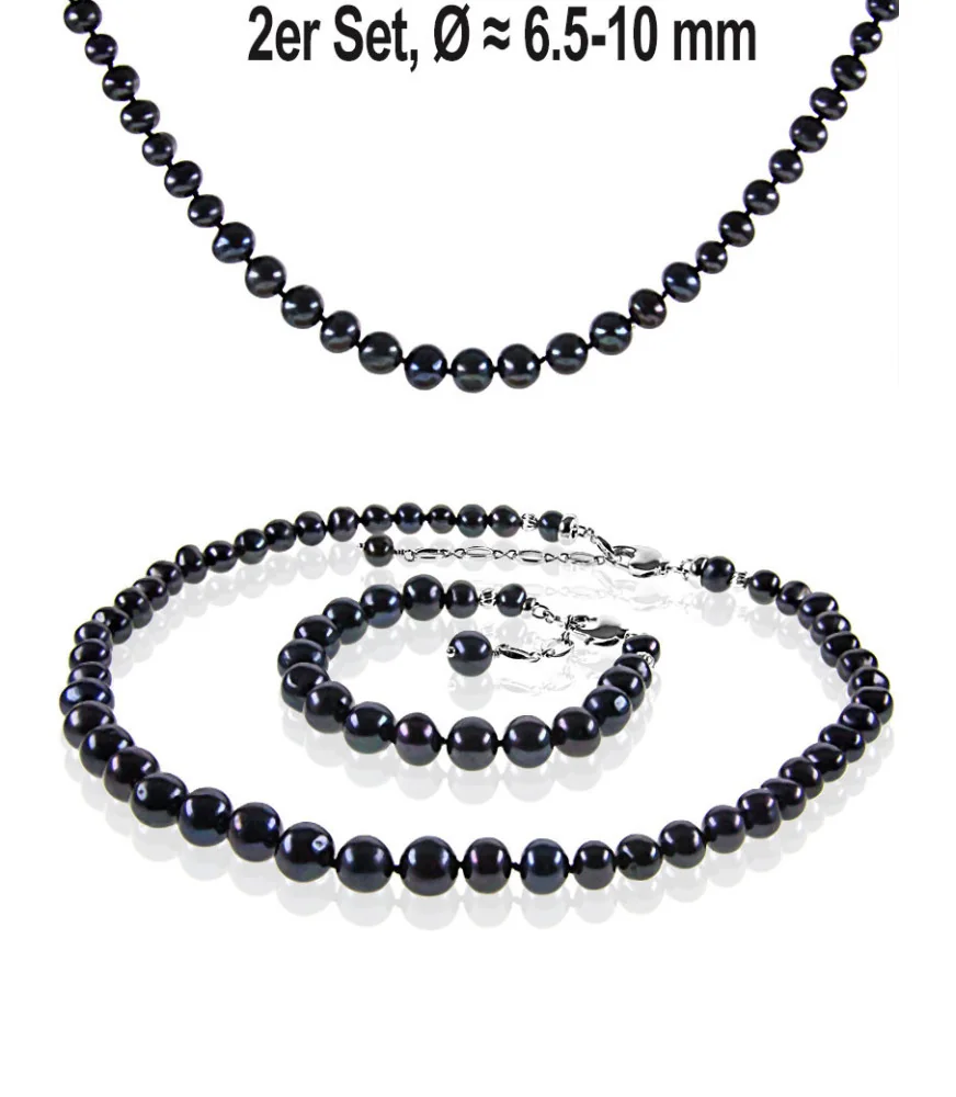 Classique 2-tlg.Set, Perlenkette & Perlenarmband, 6-10mm, Schwarz Classique 2-tlg.Set, Perlenkette & Perlenarmband, 6-10mm, Schwarz