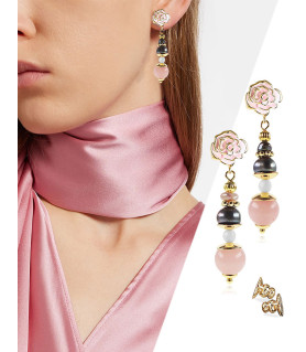 Rose dorée 18K Ohrhänger mit Süßwasserperlen, Rosenquarz, Onyx