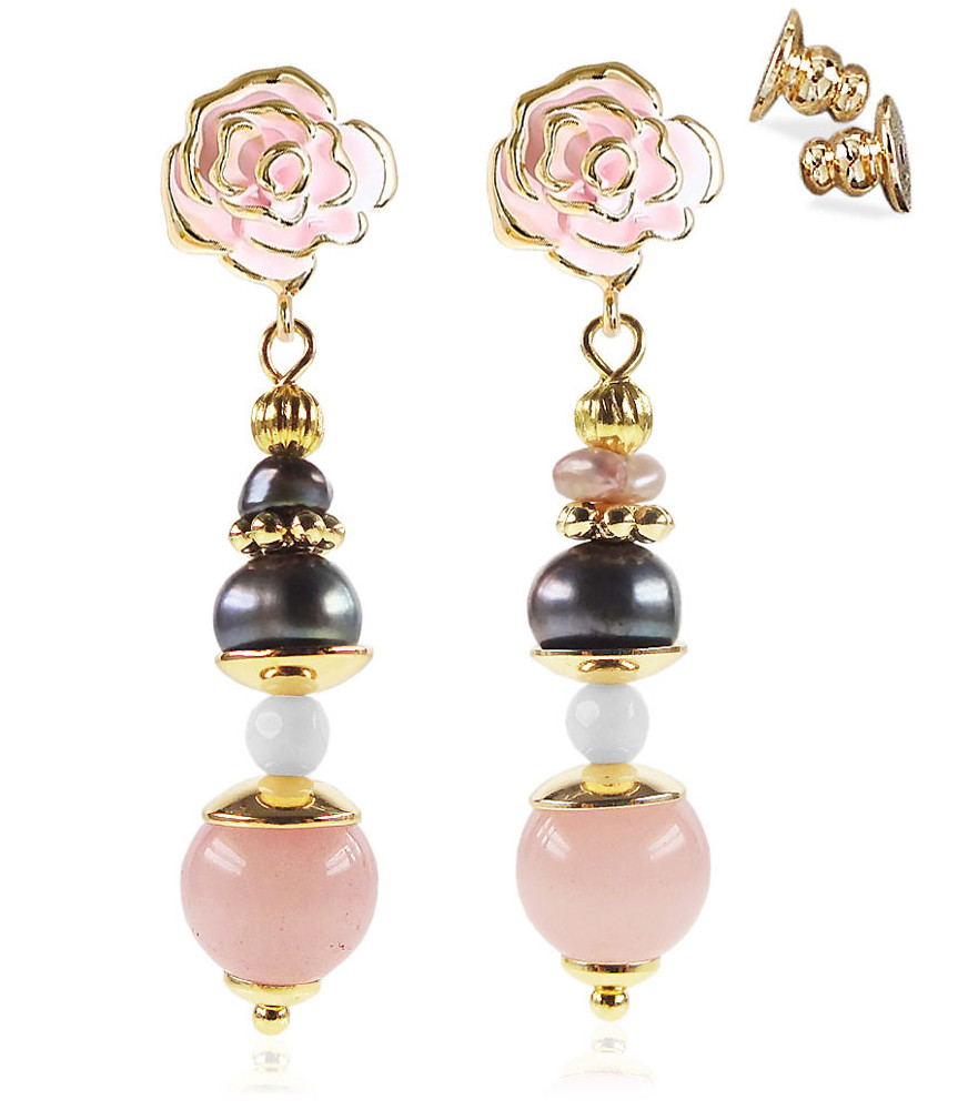Rose dorée 18K Ohrhänger mit Süßwasserperlen, Rosenquarz, Onyx Rose dorée 18K Ohrhänger mit Süßwasserperlen, Rosenquarz, Onyx