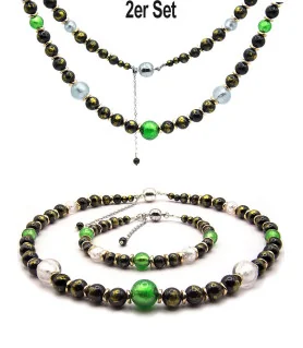 Jade noir 2 tlg. Set, Kette & Armband, Jade, Muranoglas – Schmucksets – Ansicht 1