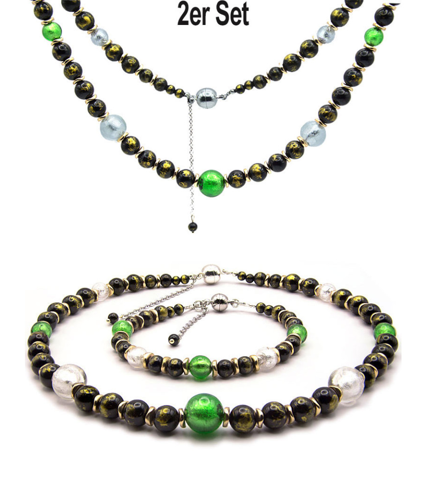 Jade noir 2 tlg. Set, Kette & Armband, Jade, Muranoglas Jade noir 2 tlg. Set, Kette & Armband, Jade, Muranoglas