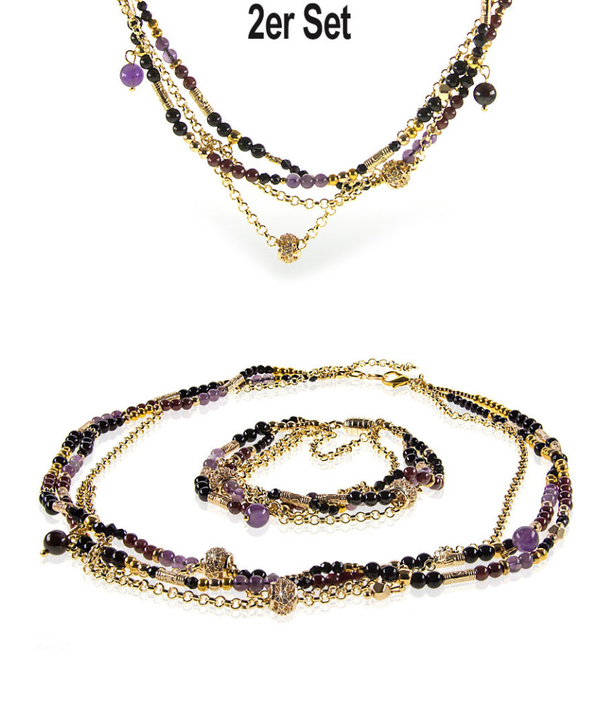 Améthyste 2-tlg.Set,14K Collier und Armband, Granat, Amethyst, Onyx Améthyste 2-tlg.Set,14K Collier und Armband, Granat, Amethyst, Onyx
