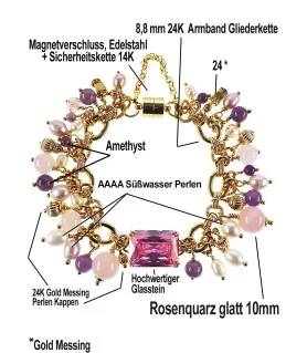 Tessin Gliederarmband mit 24K Gold, echten Perlen, Rosenquarz & Amethyst – Armbänder – Ansicht 4