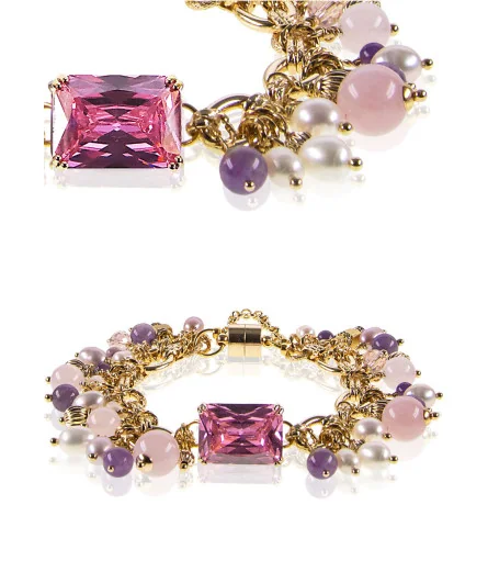 Tessin Gliederarmband mit 24K Gold, echten Perlen, Rosenquarz & Amethyst – Armbänder – Ansicht 1