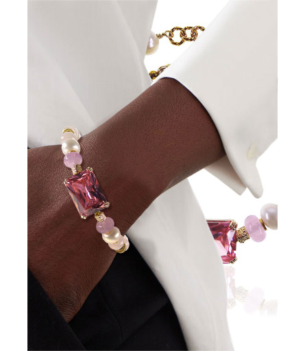 Tessin Armband mit Pinkem Glasstein, Perlen & Turmalin – 24K/18K vergoldet